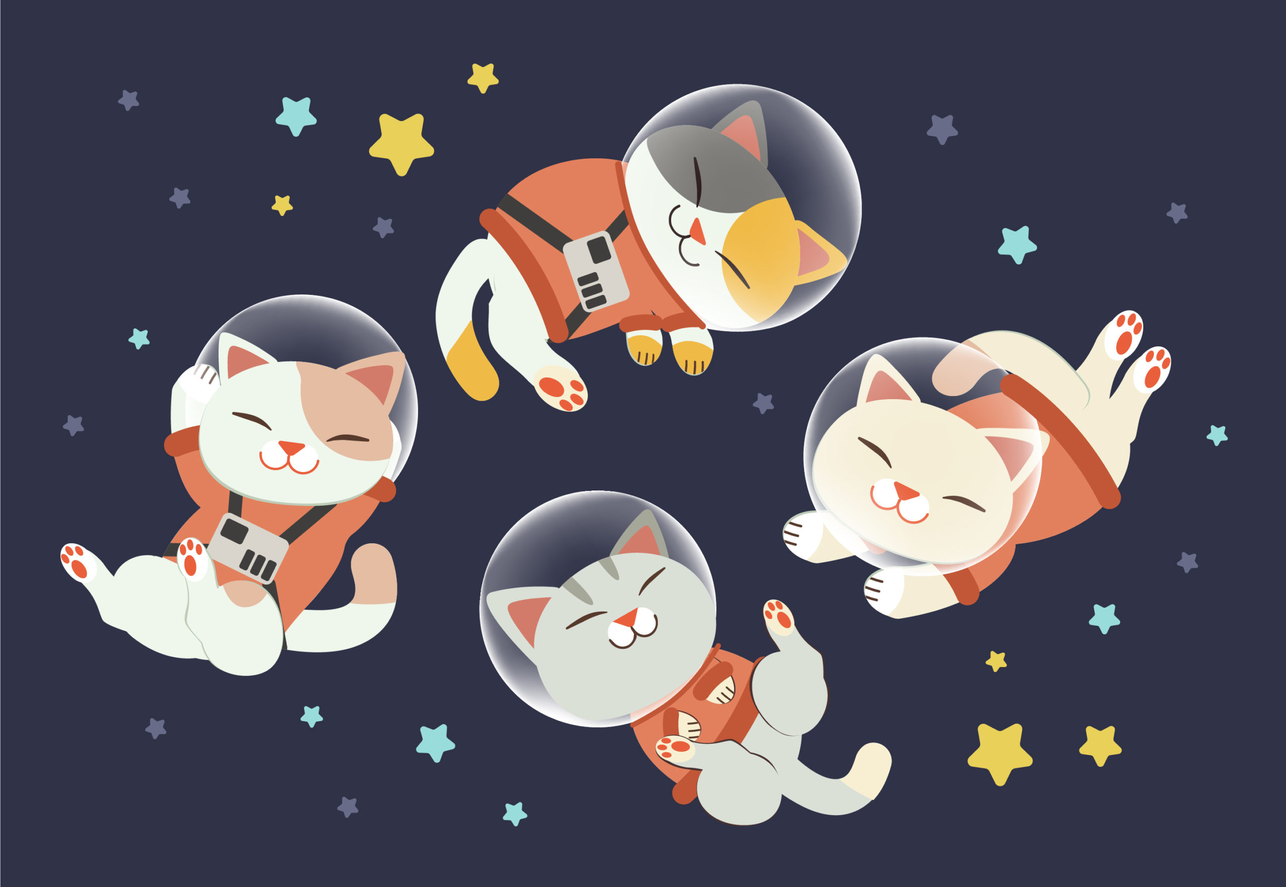 かわいい猫のキャラクターが友達と宇宙服を着る