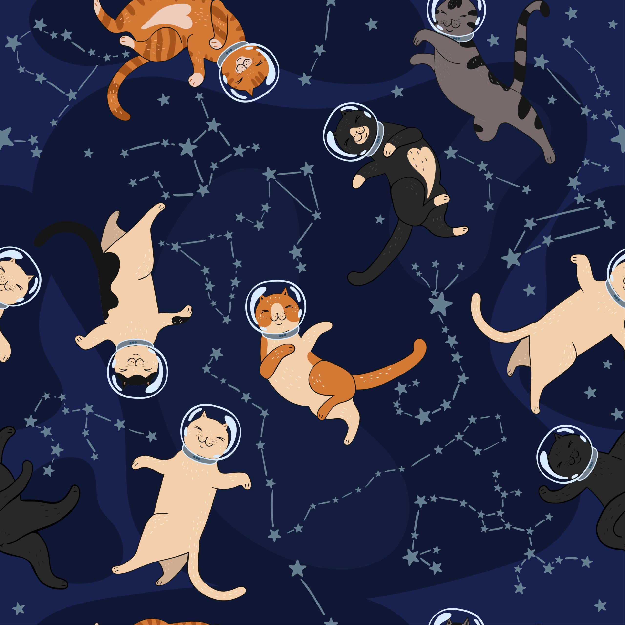 宇宙猫と星座のシームレスなパターン。グラフィック